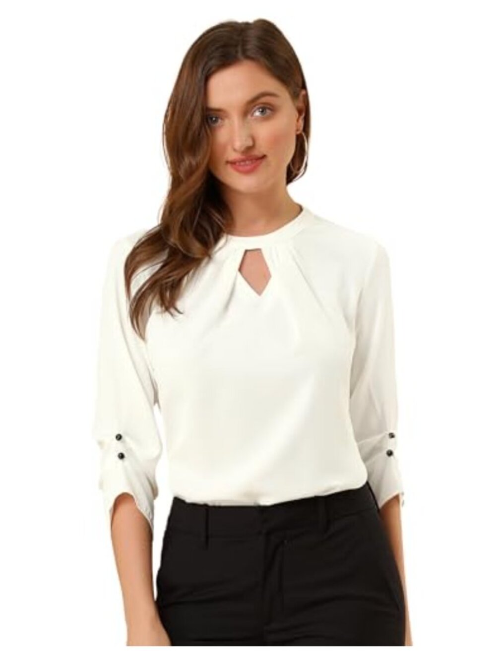 Women's 3/4 Sleeve Keyhole Blouse with Pleated Front